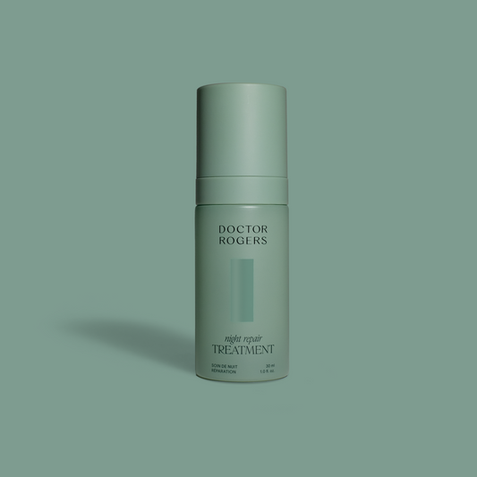 Doctor Rogers Night Repair Treatment | The best retinol alternative for sensitive, mature skin made with bakuchiol to reduce wrinkles and daark spots displayed in a 30ml dark green eco-friendly, sustainable, recyclable packaging. 